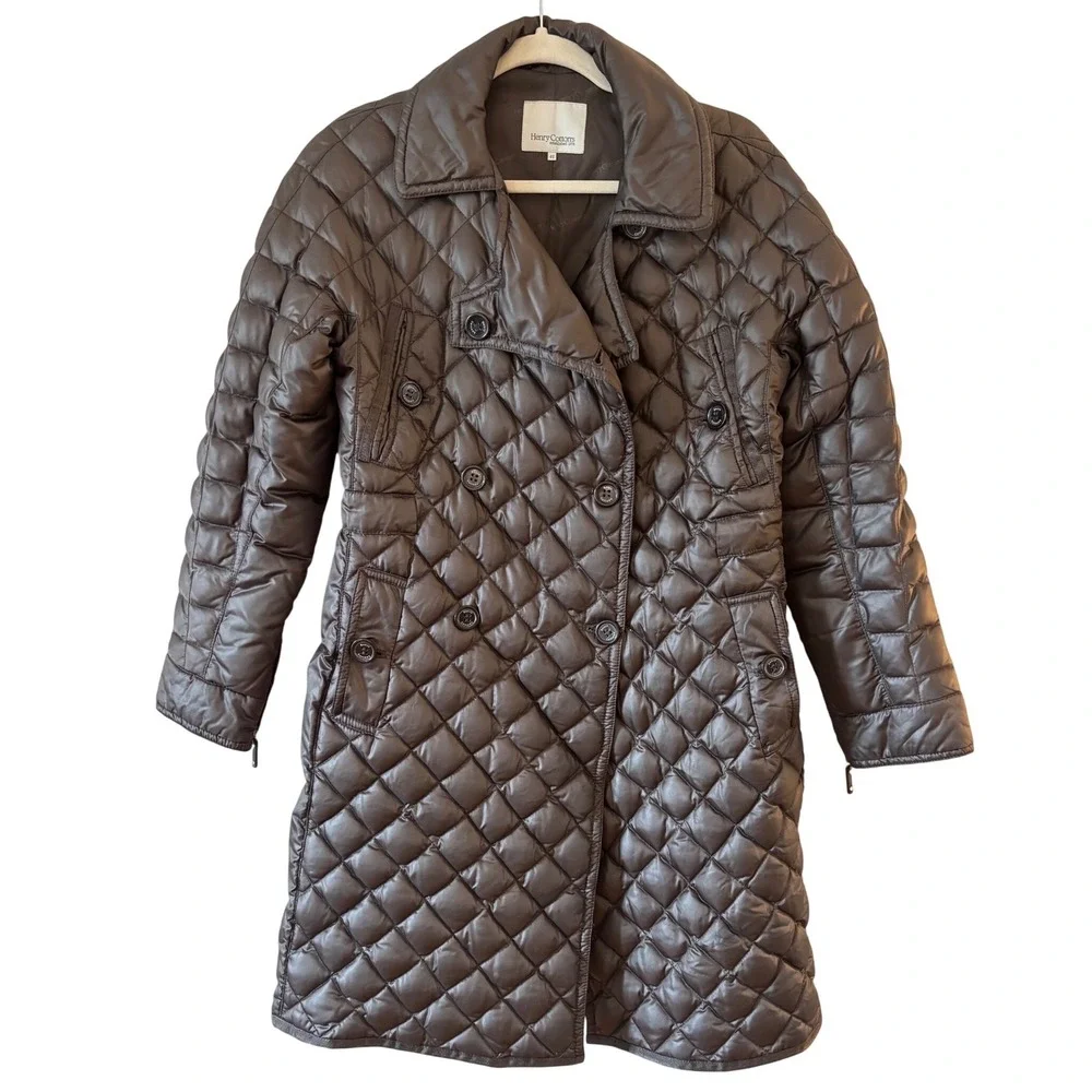 Henry Cotton's Brown Quilted Down Puffer Coat Double Breasted Trench 42 Small